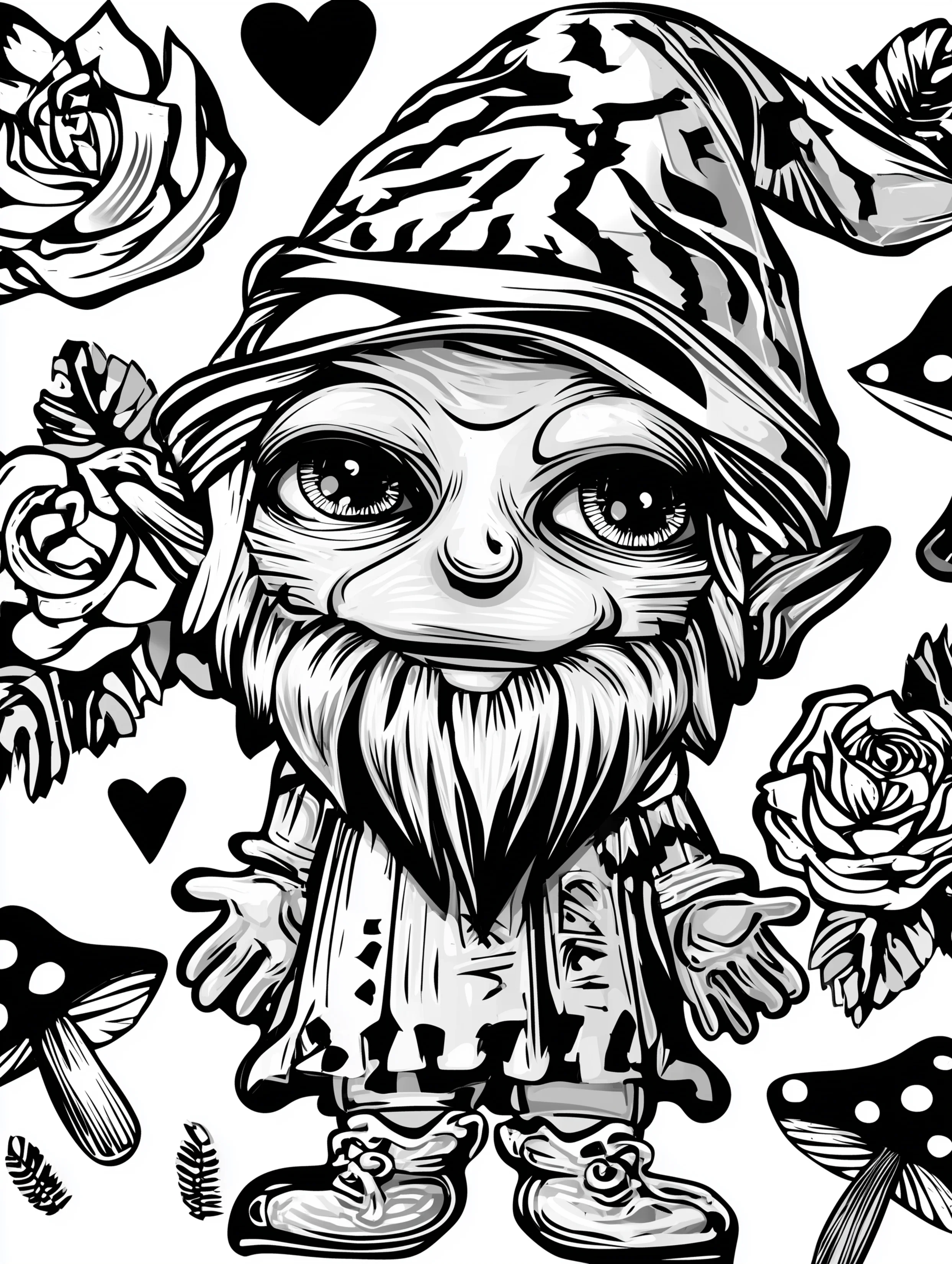 Free printable gnome coloring page for adults featuring a gnome with mushrooms